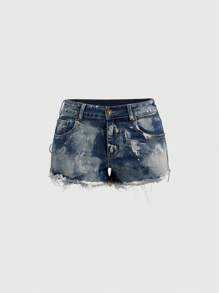 ROMWE Gal Style Distressed Vintage Silver Foil Drawstring Waist Mini Shorts