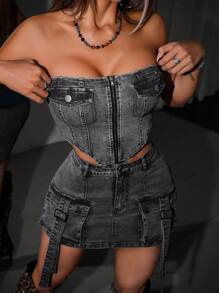 SHEIN ICON Top de tubo negro de mezclilla sexy para mujer, estilo Y2K para conciertos