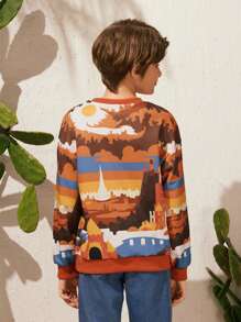 SHEIN 1-Piece Boys' Hoodie In Urban Casual Style With Round Neck And Long Sleeves, Featuring Architectural Pattern Design. This Boys' Sweatshirt Is Suitable For Various Occasions Such As Spring And Autumn Outings, Gatherings, And School Activities In The City. - Multicolor - View 2