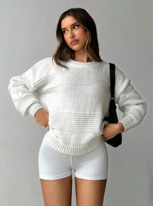 Aloruh Suéter blanco suelto con patrón jacquard, unicolor. Nuevo lanzamiento para mujer, otoño/invierno