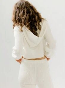 Aralina Active Puff Sleeve Ribbed Knit Zip Hoodie Drawstring Pants Set - White - View 7