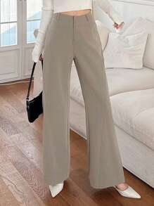 DAZY Pantalones elegantes para primavera y verano de unicolor con diseño de bolsillos y bajo acampanado para mujer