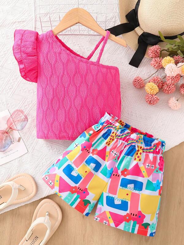 SHEIN Young Girls Set - 2 Pieces Pink Jacquard Knit Frill Asymmetrical Neck Top & Graffiti Print Shorts Set For Little Girls, Suitable For Spring/Summer Travel & Beach