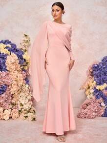 SHEIN Belle Elegant And Romantic Pink Round Neck, Long Sleeves, Ruffle Pleats, Asymmetric Side Floating Fishtail Hem, Knitted Elastic Fabric, Birthday Party, Wedding Dinner, Bridesmaid Dress - Pink - View 7