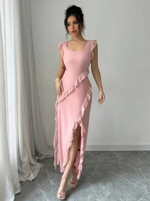 SHEIN Unity 女士纯色甜心领盖袖开摆优雅连衣裙 - 藍色 - 查看 3