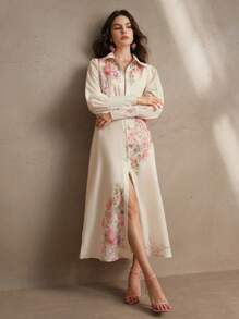 Anewsta 女士灯笼袖花卉印花收腰连衣裙，度假风格春季时尚 - 杏色 - 查看 5