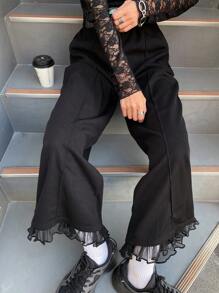 FRIFUL Women's Solid Color Mesh Patchwork Pocket Casual Simple Long Pants, Everyday Wear,Back To School Clothes - Black - View 1