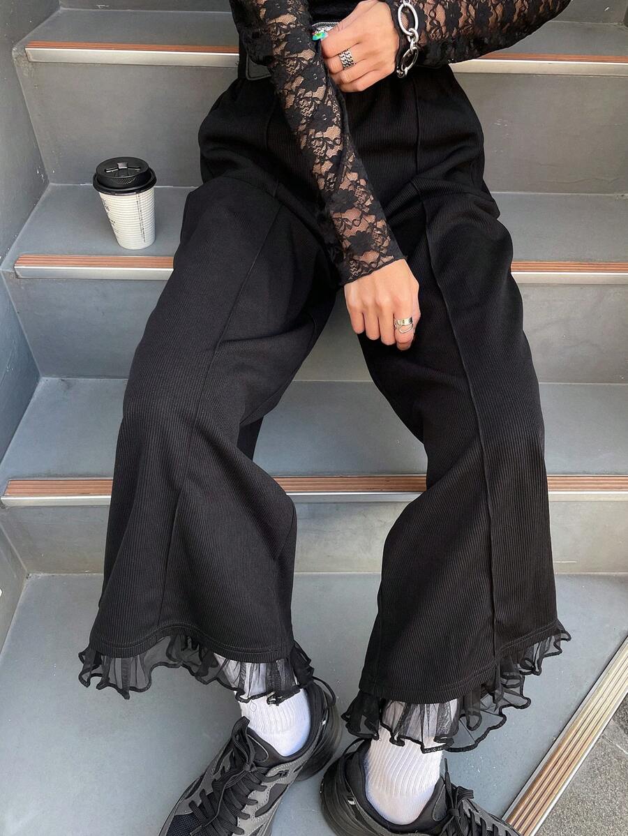 FRIFUL Women's Solid Color Mesh Patchwork Pocket Casual Simple Long Pants, Everyday Wear,Back To School Clothes - Black - View 1