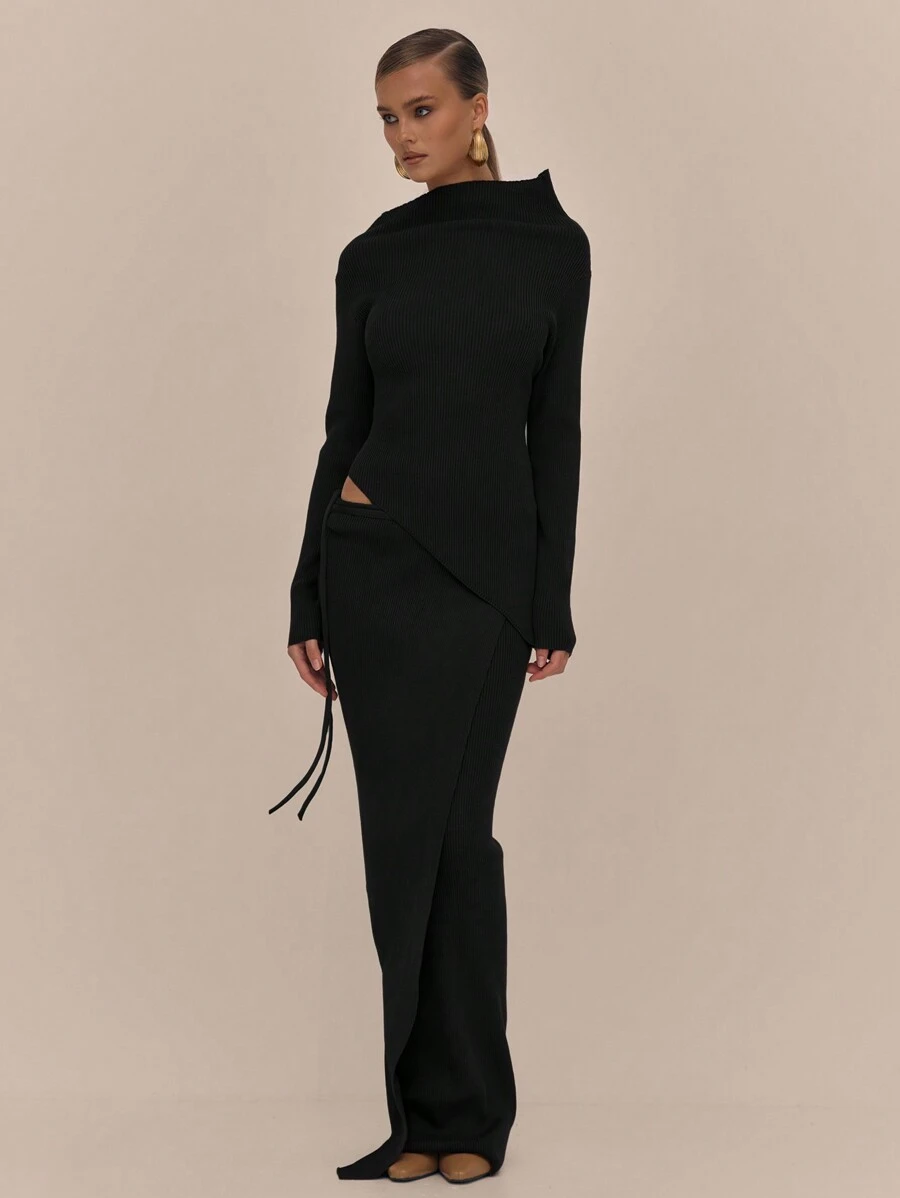 MUSERA 侧系带针织长裙，优雅春假可爱性感90年代复古风，适合节日、毕业典礼、婚礼宾客、秋季、冬季日常穿着，时尚别致，情人节适用。 - 黑色 - 查看 1