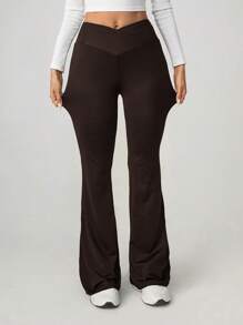 SHEIN Tall 2024 New Summer Simple Solid Color Wrap High Waist Flared Brown Pants - Brown - View 4