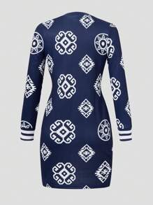 Tween Girls Square Print Round Neck Long Sleeve Fitted Dress