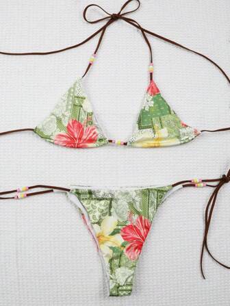 2pcs/Set Vacation Style Personalized Printed Contrasting Color Halter Bikini Top And Tie-Up Shorts Set