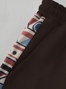 Manfinity Hypemode Men's Solid Color Splice Crew Neck Long Sleeve Top And Long Pants Set, Minimalist Style - Brown - View 7