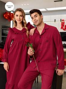 Men's Valentine's Day Wave Pattern Open Front Loungewear Red Pajama Set - Burgundy - View 1