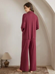 Ocili Bộ đồ ngủ nữ trơn màu, áo và quần, đồ mặc nhà đơn giản, thoải mái cho mùa lễ hội hàng ngày, trang phục ấm áp, quần áo thu đông - Gỗ đỏ - Xem 2