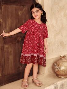 SHEIN Leap Crew Vestido de bata casual para meninas combinando mãe e filha, 1 peça, estampa floral, com botões na frente, adequado para uso casual diário, viagens e férias - Vermelho - Ver 5
