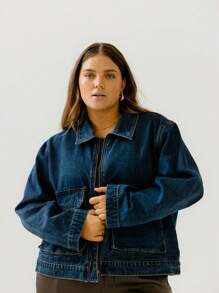 Aralina Curve Relaxed Blue Denim Trucker Zip-Up Utility Jacket