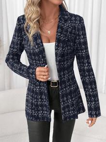 SHEIN Clasi Winter Elegant Women's Long Sleeve Women's Check Waist Slimming Blazer Jacket - Navy Blue - View 3