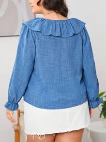 SHEIN LUNE 大码女式情人节春季牛仔蓝领蕾丝设计长袖花边衬衫派对衬衫优雅办公服装，大码女士优雅通勤简约时尚百搭畅销衬衫，春夏百搭流行设计时尚日常穿着优雅衬衫女式衬衫