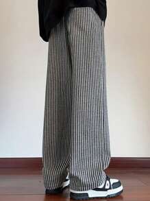 Claim Dot Men's Simple Striped Drawstring Casual Long Pants, Everyday Wear, Fall - Black and White - View 2