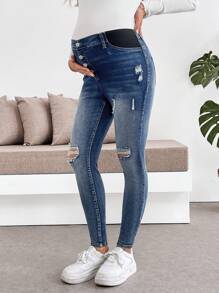 SHEIN Maternity Front Button Pockets Distressed Casual Elastic Skinny Jeans - Blue - View 1