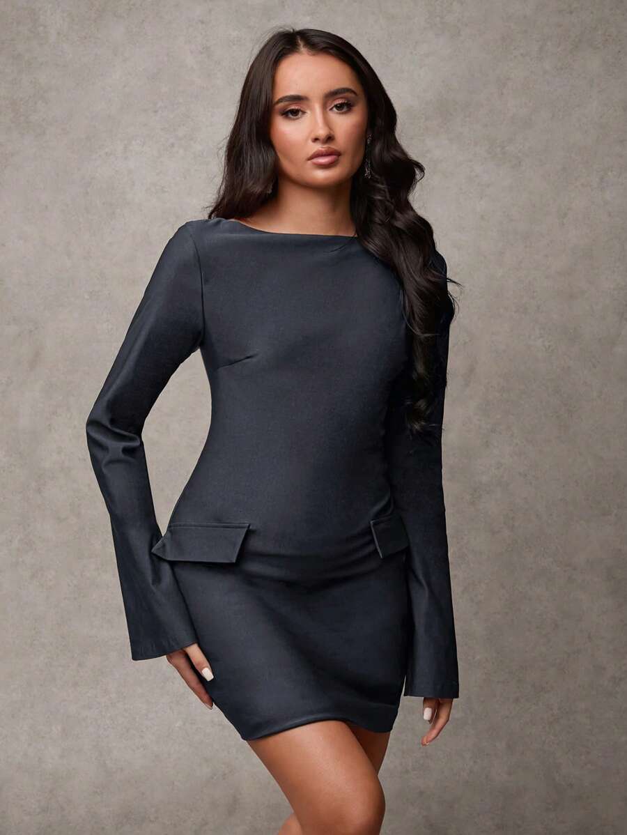 SHEIN BAE 女士优雅勃艮第纯色喇叭袖修身迷你连衣裙返校节连衣裙返校节短款秋季女士红色女士连衣裙勃艮第连衣裙秋季女士商务休闲女士及膝连衣裙秋季女士圣诞装/办公室礼服/正装连衣裙/感恩节女士连衣裙/长袖迷你连衣裙/圣诞女士连衣裙/勃艮第连衣裙 - 深灰色 - 查看 1