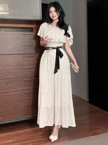 DAZY Women Ruffle Neck Sequin Decorated Party Dress Sundress Prom Dress - Gold - View 1