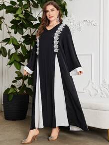 Al Najma Vestido de manga larga con cuello en V para mujer de talla grande, con dobladillo desgarrado y contraste de color