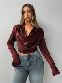 Aloruh Burgundy Off-The-Shoulder Long Sleeve Cropped Elegant Blouse Top For Women - Burgundy - View 4