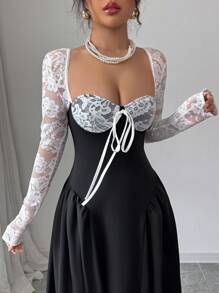 Chiquease Vestido largo de princesa con mangas largas de encaje blanco, tutú y escote sexy para fiesta de disfraces y celebraciones