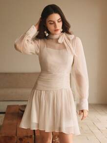 Anewsta Vestido corto elegante y sencillo de cintura entallada con estilo retro de palacio, adecuado para primavera/verano - Albaricoque - Ver 3