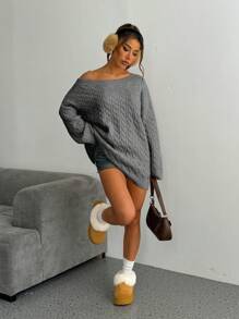 Flirla 女士炭灰色绞花针织毛衣，休闲简约复古风，宽松版型，厚针织，秋冬针织套头衫