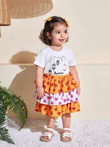 SHEIN Leap Crew 2 件装女婴碎花短袖上衣和裙子套装，夏季服装 - 黃色 - 查看 4