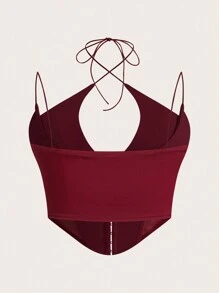 SHEIN ICON Plus Summer Hook And Eye Contrast Mesh Burgundy Crop Corset Cami Top - Burgundy - View 2