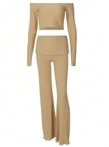 SHEIN EZwear بدلة رياضية للسيدات 2 قطعة- قميص طويل الأكمام وتنورة