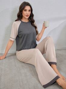 Color Block Raglan Sleeve Top & Pants Loose Casual Women Pajama Set Outfit - Apricot - View 5