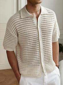 Manfinity Homme Men's Solid Color Front Button Short Sleeve Hollow Knitwear, Casual And Minimalist