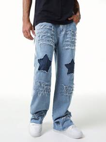 ROMWE MEN Street Life Men's Fashionable Star Ripped Distressed Frayed Hem Jeans With Pockets - Blue - View 6