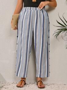 EMERY ROSE Pantalones largos simples con cintura elástica y botones a rayas, de talla grande, casuales para uso diario, conjuntos de verano para mujer/verano, ropa de mujer para vacaciones tropicales - Azul - Ver 7