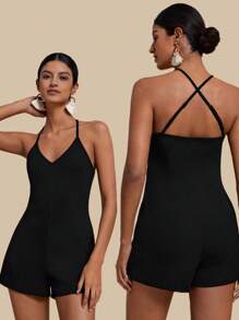 Travachic Bộ đồ liền thân Cami trơn - màu đen - Xem 2