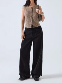 SHEIN EZwear Women's Front Button Sleeveless Plaid Minimalist Casual Thin Blazer