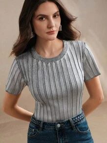 Anewsta 女士罗纹圆领金属涂层修身 T 恤上衣，节日外出，春夏 - 銀色 - 查看 3