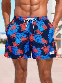Manfinity Swimmode Men's Tropical Plant Print Drawstring Waist Beach Shorts - Multicolor - View 5