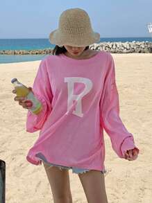 DAZY Women's Oversized Crew Neck Letter Print Dropped Shoulder Long Sleeve Casual Sweater,Fall Clothes - Pink - View 2