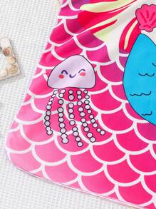 SHEIN Leap Crew Young Girl Knitted Terry Hooded Cute Mermaid Pattern Jumpsuit, Suitable For Vacation Girl Beach Towel ,Spring,Summer. - Multicolor - View 6