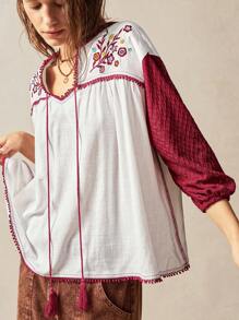 Bohemela Boho Tropical Vacation Woman Clothes Women Plain Color Patchwork Floral Embroidered Long Sleeve Casual Shirt
