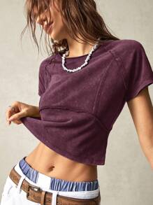 Bohemela Vacation Plain Knitted Structured Design Raglan Short Sleeve Regular Fit Women T-Shirt - Purple - View 2