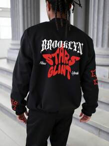 Manfinity Roghcode Men's Casual Letter & Star Print Loose Fit Baseball Jacket, Spring/Autumn - Black - View 1
