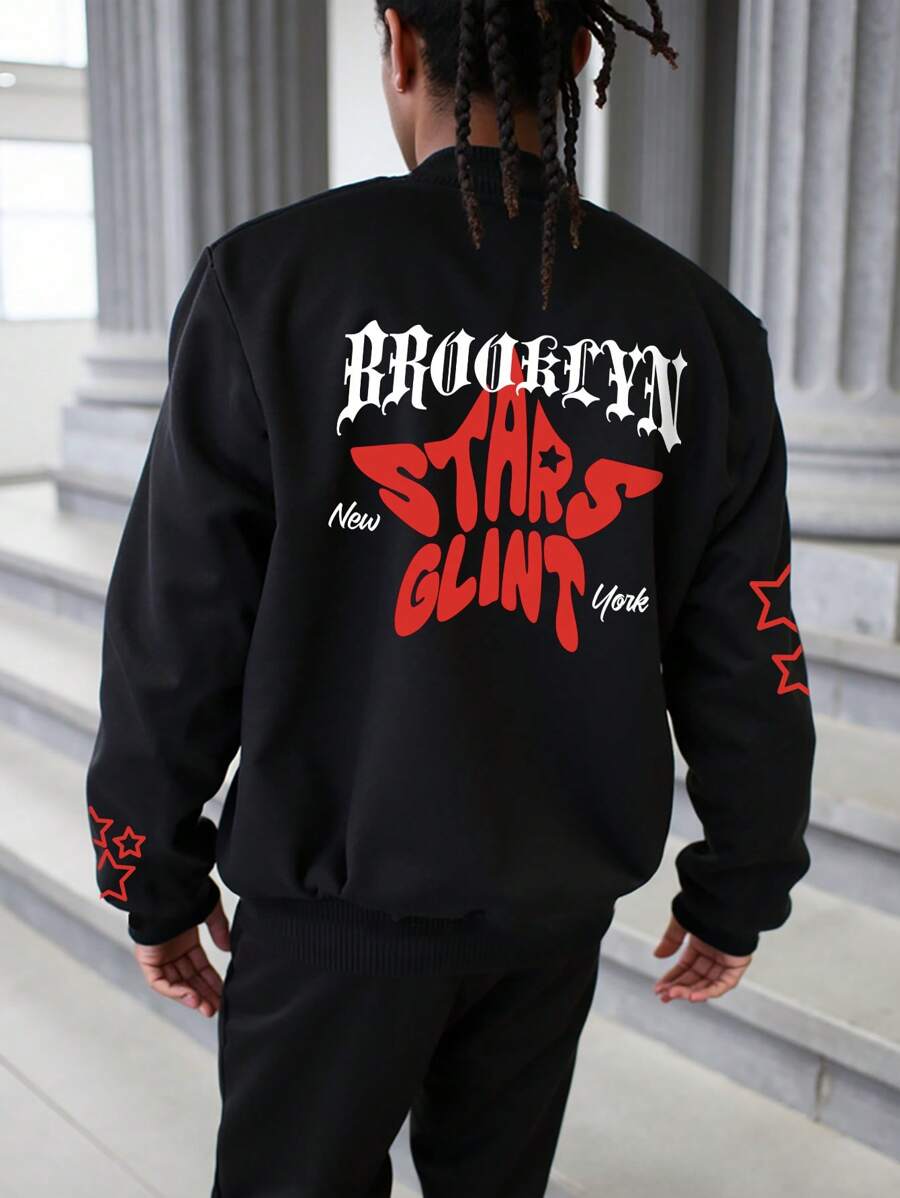 Manfinity Roghcode Men's Casual Letter & Star Print Loose Fit Baseball Jacket, Spring/Autumn - Black - View 1