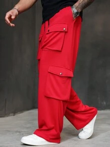 Manfinity Homme 大码男士纯色系带前口袋休闲裤，日常穿着 - 紅色 - 查看 4